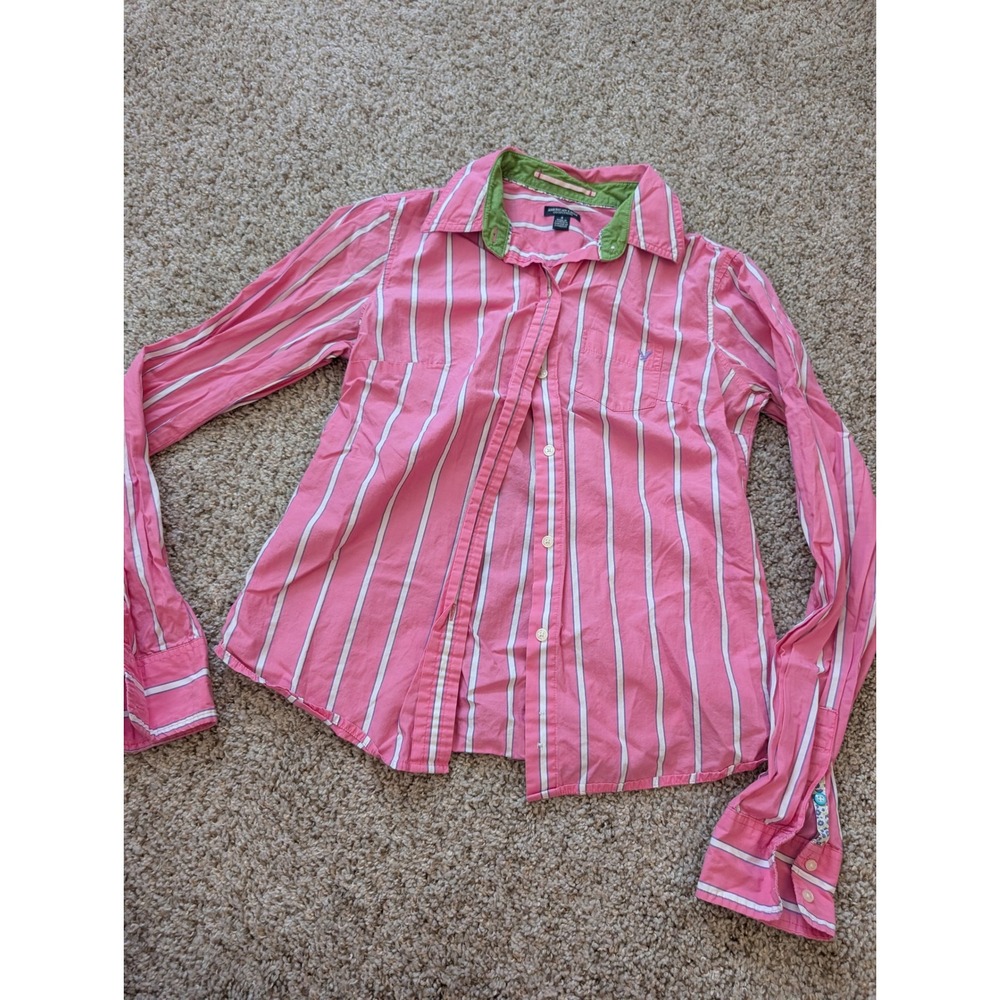 American Eagle Pink White Striped Button Down Shirt Long Sleeve Cotton Size 4